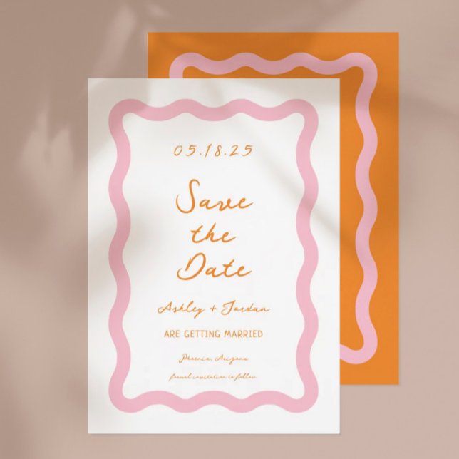 Retro Wavy Pink Orange Wave Wedding Save The Date (Von Creator hochgeladen)