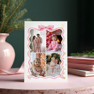 Retro Wavy Pink Ribbon & Stars Fotos Collage Folien Feiertagskarte