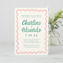 Retro Wavy Pink und Green Handwriting Wedding