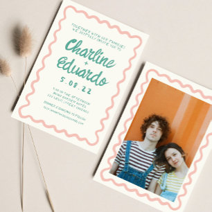 Retro Wavy Pink und Green Handwriting Wedding Einladung