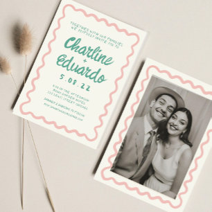 Retro Wavy Pink und Green Handwriting Wedding Einladung