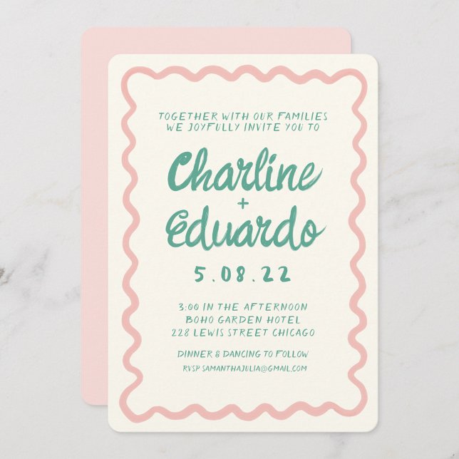 Retro Wavy Pink und Green Handwriting Wedding Einladung (Von Creator hochgeladen)