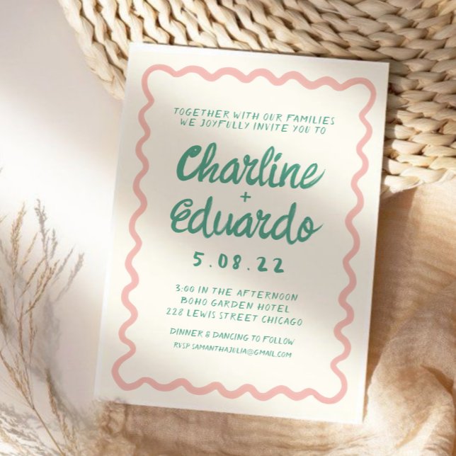 Retro Wavy Pink und Green Handwriting Wedding Einladung (Von Creator hochgeladen)