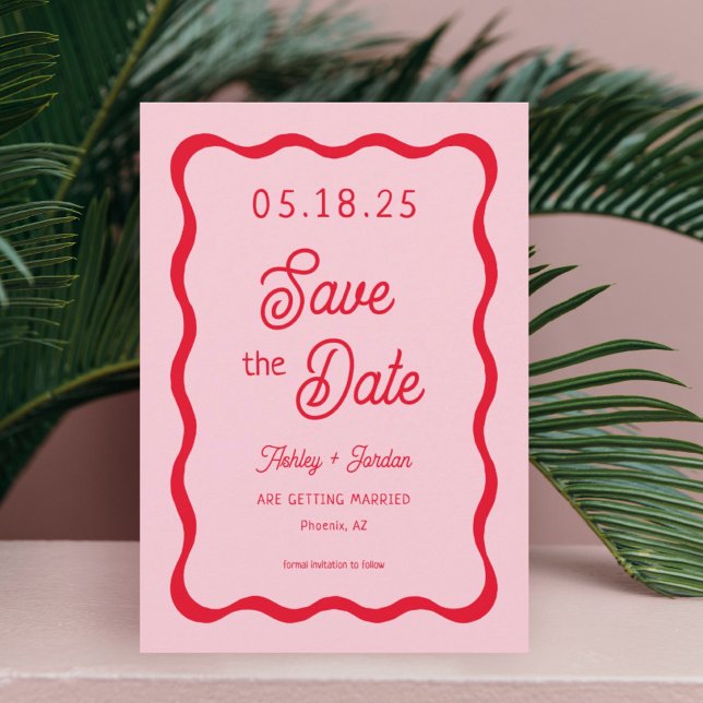 Retro Wavy Pink und Red Wave Wedding Save The Date (Von Creator hochgeladen)