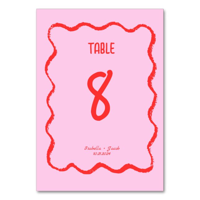 Retro Wavy Squiggle Rosa Handgeschriebene Hochzeit Tischnummer (Vorderseite)