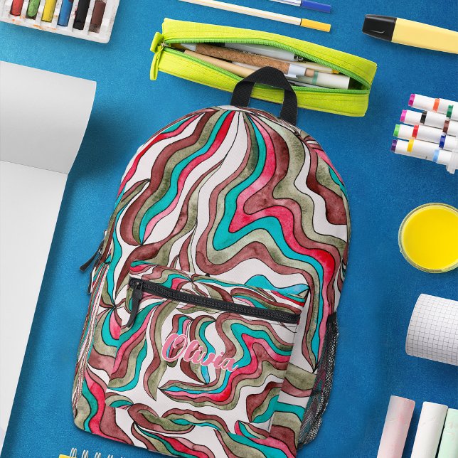 Retro Wavy Stripes Hot Pink Burgundy Monogram Name Bedruckter Rucksack (Von Creator hochgeladen)