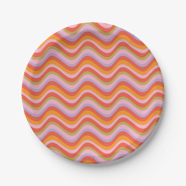 Retro Wavy Stripes in Orange, Rosa und Grün Pappteller (Vorderseite)