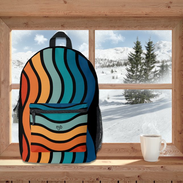 Retro Wavy Stripes Muster mit Monogramm Initialen Bedruckter Rucksack (Von Creator hochgeladen)