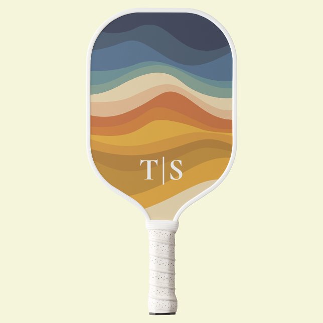 Retro Wavy Sunset Monogram Initials Pickleball Schläger (Retro Wavy Sunset Monogram Initials Pickleball Paddle
)