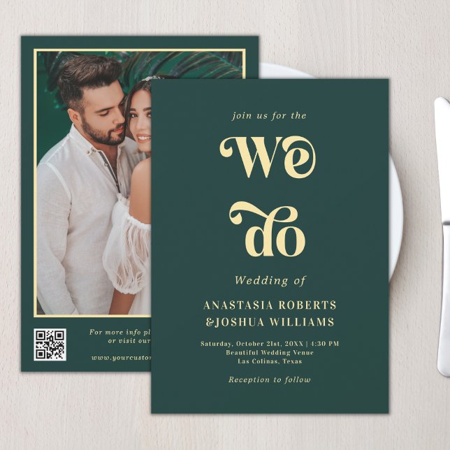 Retro We Do Emerald Green & Gold QR Code Wedding Einladung (Von Creator hochgeladen)