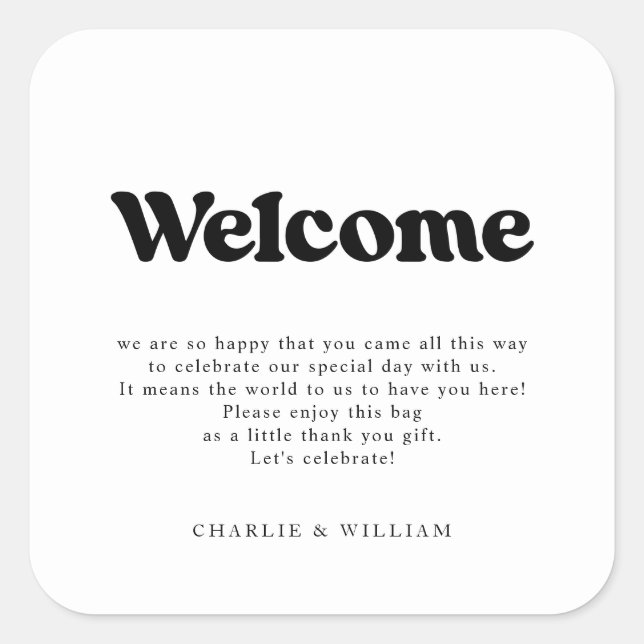 Retro Wedding Willkommensbeutel Quadratischer Aufkleber (Vorderseite)