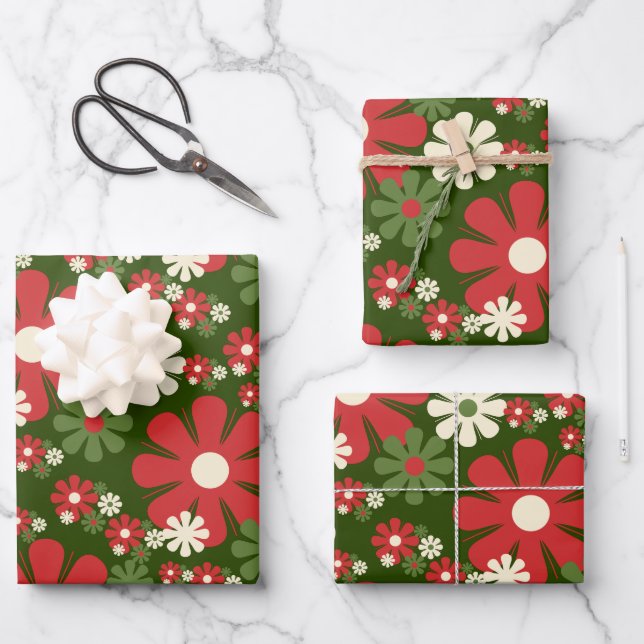 Retro Weihnachten Blume 60er 70er Ästhetische Geschenkpapier Set (Vorderseite)