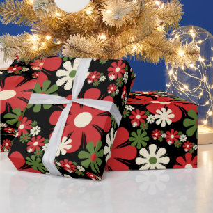 Retro Weihnachten Blume 60er 70er Floral auf Black Geschenkpapier