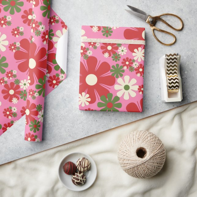 Retro Weihnachten Blume 60er 70er Floral auf Rosa Geschenkpapier (Kunsthandwerk)
