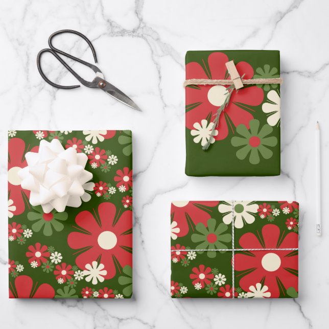 Retro Weihnachten Blume 60er 70er Floral Patterns Geschenkpapier Set (Vorderseite)