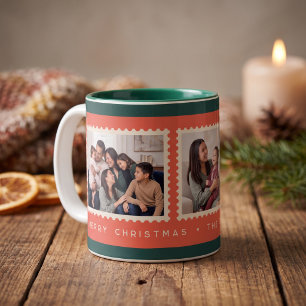 Retro-Weihnachten-Briefmarken-Foto-Collage Zweifarbige Tasse