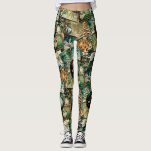 Retro-Weihnachten im Vintage-Stil: Grüne Collage Leggings