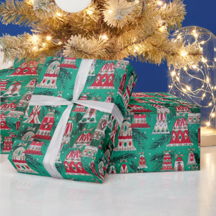 Retro, Weihnachten im Vintage-Stil, Ornamente, Grü Geschenkpapier