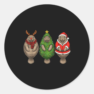 Retro-Weihnachten-Manatee-Santa-Rentier Runder Aufkleber