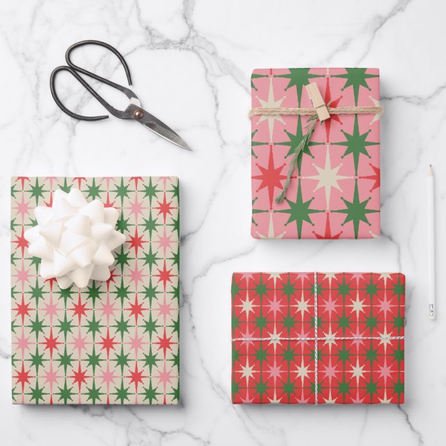 Retro-Weihnachten Midcentury Atomarer Sternenexplo Geschenkpapier Set (Vorderseite)