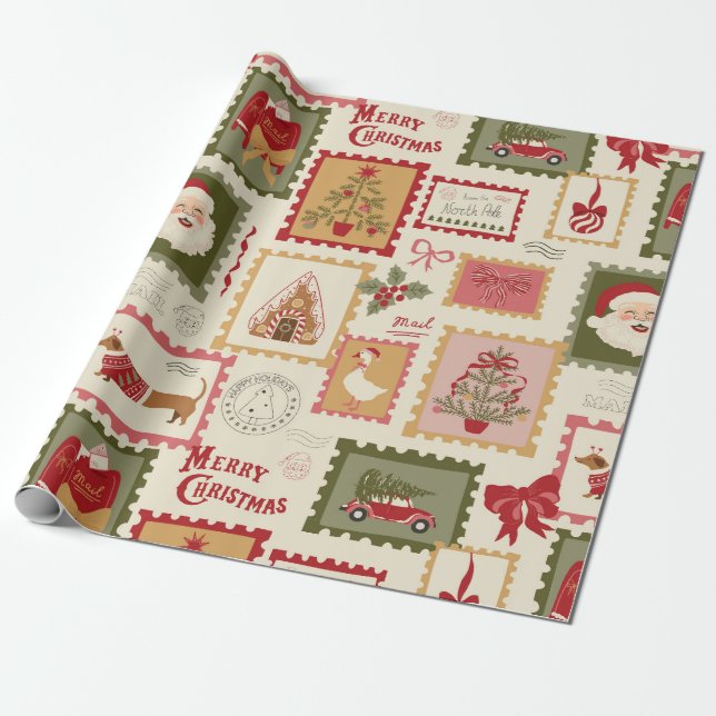 Retro-Weihnachten-Santa-Collage-Urlaub Geschenkpapier (Ungerollt)