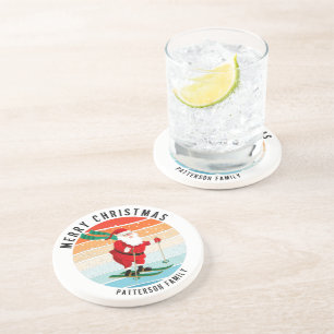 Retro Weihnachten Sonnenuntergang Skifahren Santa  Getränkeuntersetzer