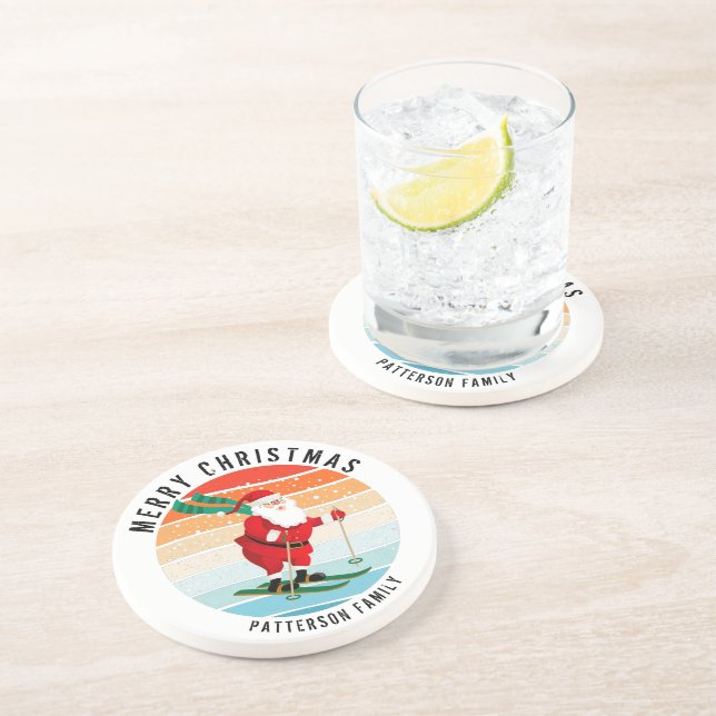Retro Weihnachten Sonnenuntergang Skifahren Santa  Getränkeuntersetzer (Seite)