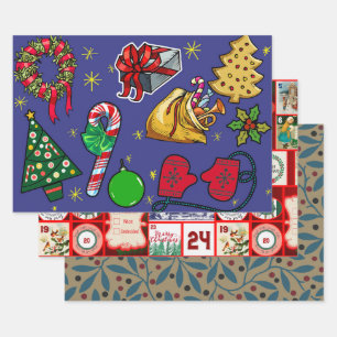 Retro Weihnachten Vintag farbenfroh blau grün Geschenkpapier Set