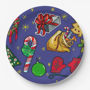 Retro-Weihnachten Vintage Farbige Blau Rot Grün Pappteller
