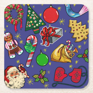 Retro-Weihnachten Vintage Farbige Blau Rot Grün Rechteckiger Pappuntersetzer