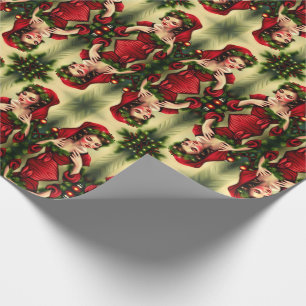 Retro-Weihnachten Vintage-Mädchen Frau Roter Elf K Geschenkpapier