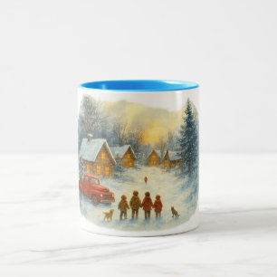 Retro-Weihnachten Winterdorf, Vintage-Berg  Zweifarbige Tasse