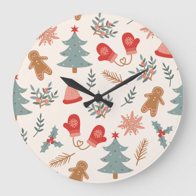 Retro Weihnachts Lebkuchen Muster. Große Wanduhr (Vorderseite)