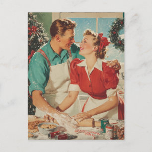 Retro-Weihnachts-Paar beim Backen voller Liebe Feiertagspostkarte