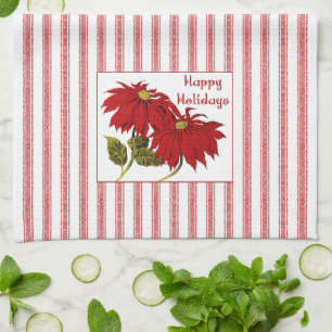 Retro-Weihnachts-Poinsettie rot-weiß gestreift Geschirrtuch