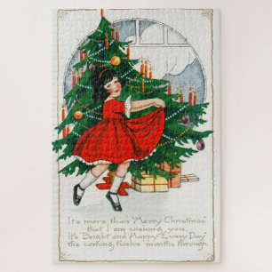 Retro-Weihnachts-Postkarte, Kind und Weihnachtsbau Puzzle