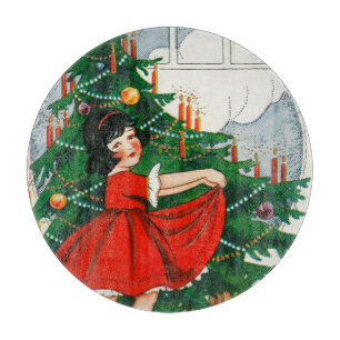 Retro-Weihnachts-Postkarte, Kind und Weihnachtsbau Schneidebrett