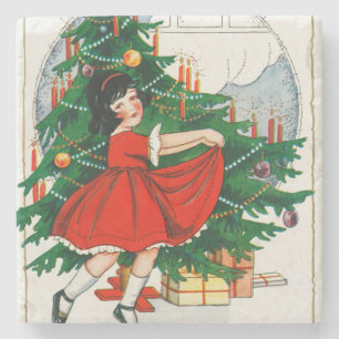 Retro-Weihnachts-Postkarte, Kind und Weihnachtsbau Steinuntersetzer