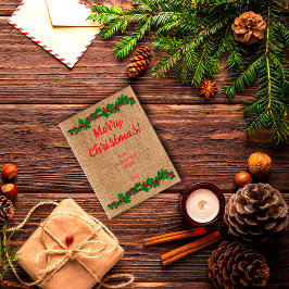 Retro Weihnachts Rote Typografie Burlap Postcard Postkarte