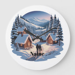Retro-Weihnachts-Winterdorf 90er Vintage-Berg Große Wanduhr