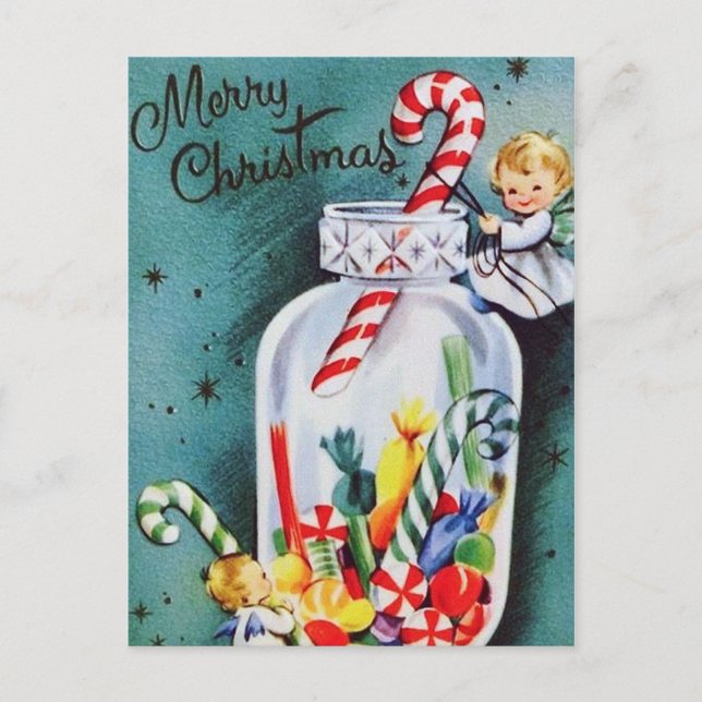 Retro WeihnachtsAngeln und Bonbons Postkarte (Vorderseite)