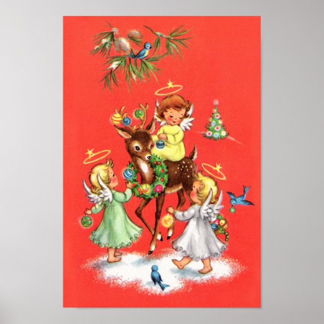 Retro WeihnachtsAngeln und Rentiere Poster (Vorne)