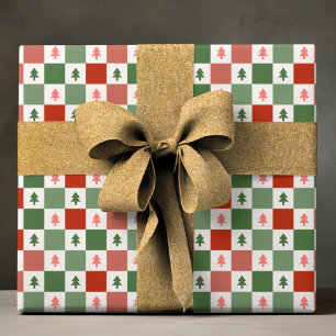 Retro Weihnachtsbaum Checkerboard Holiday Pattern Geschenkpapier