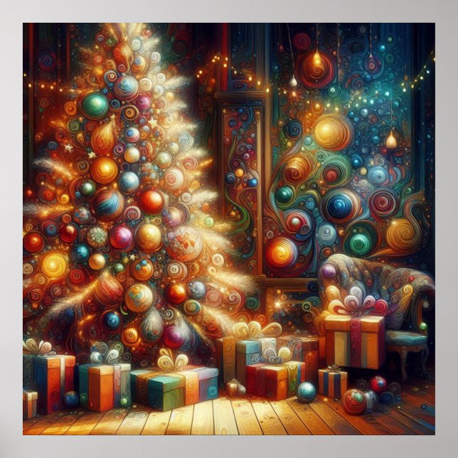Retro-Weihnachtsbaum mit Geschenken darunter an de Poster (Vorne)