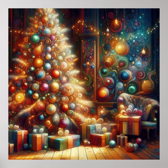 Retro-Weihnachtsbaum mit Geschenken darunter an de Poster (Vorne)