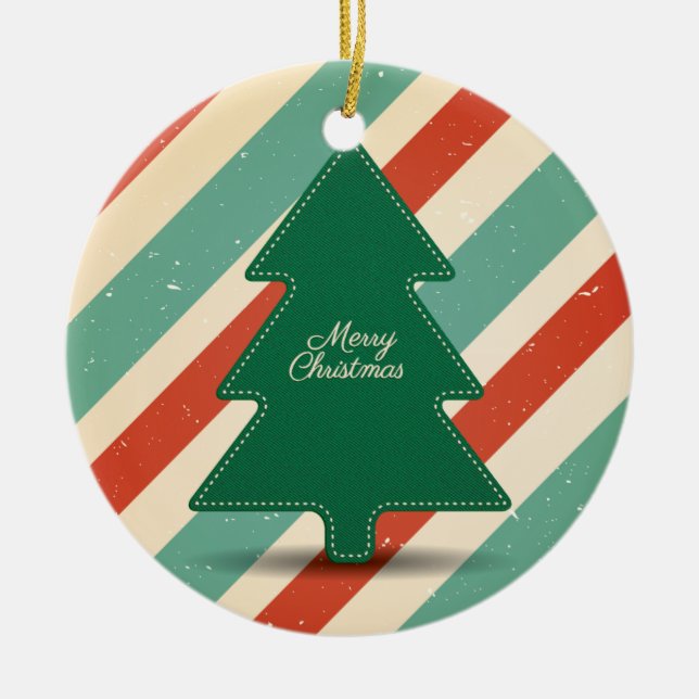 Retro Weihnachtsbaum mit gestreiftem Hintergrund Keramik Ornament (Vorne)