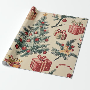 Retro-Weihnachtsbaum Rot Grün Creme Urlaub Geschenkpapier