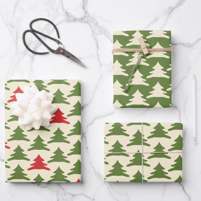 Retro Weihnachtsbäume in Olive Green Cream Geschenkpapier Set (Vorderseite)