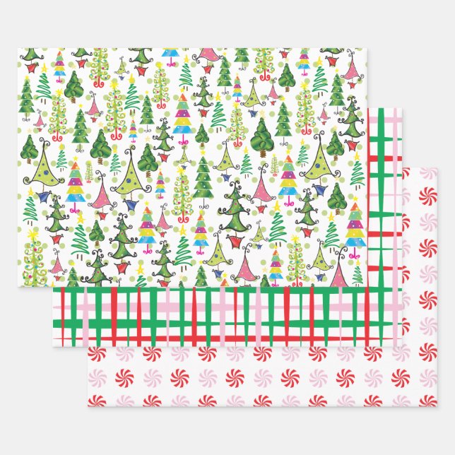 Retro Weihnachtsbaumen Candy Pink Rosa Grün Muster Geschenkpapier Set (Set)