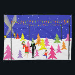 Retro WeihnachtsBaumfarm-Geschirrtuch Küchentuch<br><div class="desc">Dieses Retro Weihnachtsbaum-Bauernhof-Küchen-Tuch kennzeichnet eine Mitte des Jahrhunderts, die modern ist, unbedeutend, Cartoonfamilie auf der Suche nach dem perfekten Baum für die Zutaten. Der Entwurf zeigt Mama, Vater und Jüngeres in einem bunten, Sechzigerjahre Art, Weihnachtsbaumlos, das aussehen wie es in einem im Fernsehen übertragenen Feiertag Special gehört. Sie wurden dort...</div>